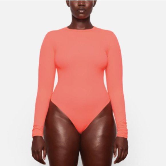 SKIMS Neon Coral Fits Everyone Long Sleeve Bodysuit-NEW - Picture 2 of 6